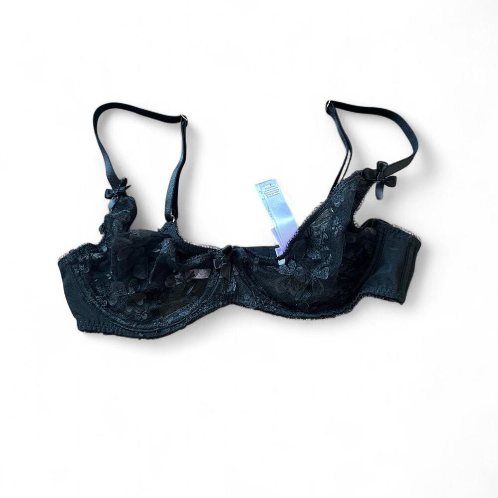 Black lace bralette with floral embroidery and bow detail 32c